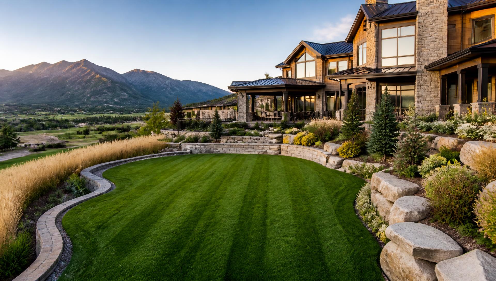 Manicured Colorado landscape with striped lawn and stone retaining walls at golden hour